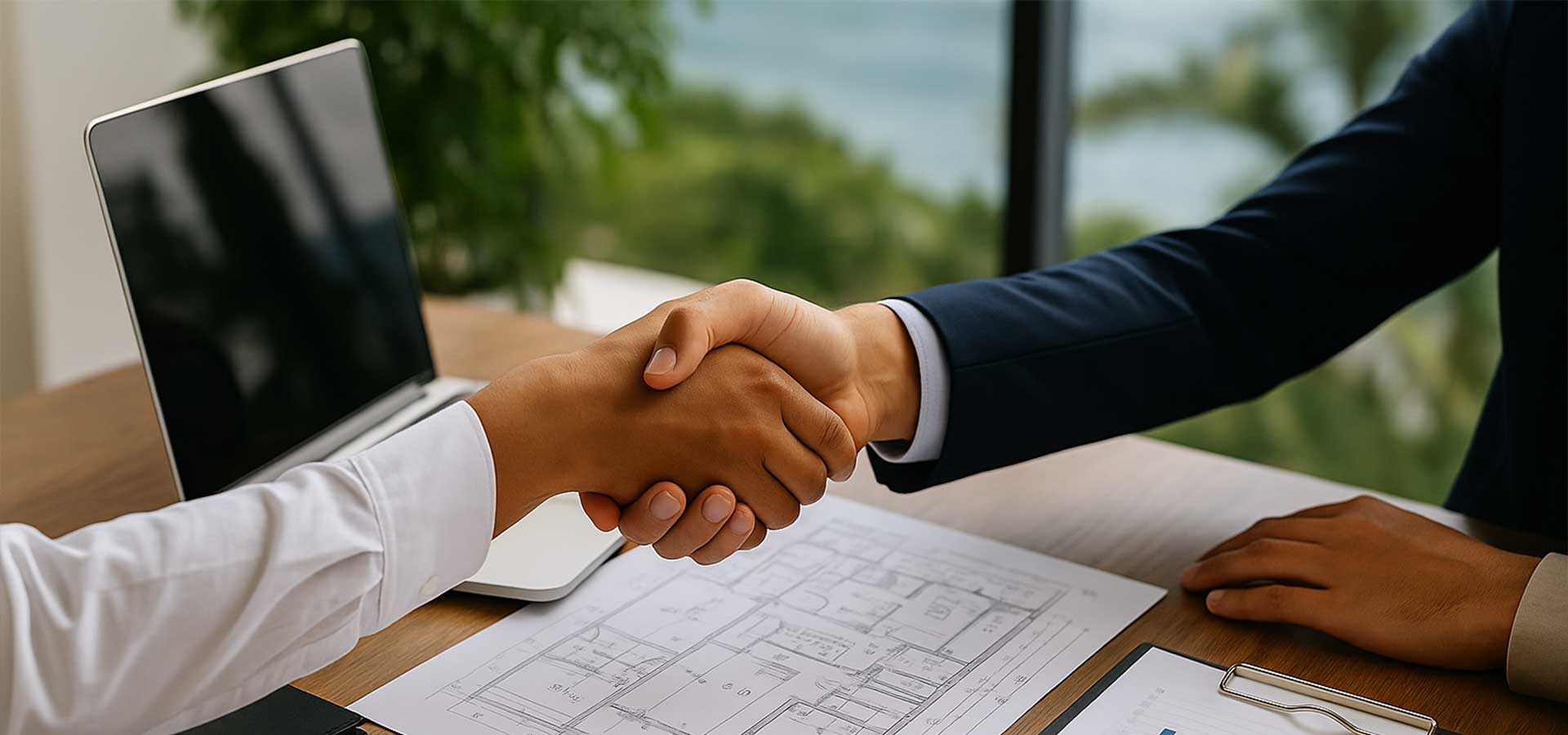 Handshake over real estate plans during a business meeting, Bohemia Real Estate Riviera Maya